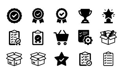 Black Quality and Order Management Icon Set. A collection of fifteen black vector icons arranged in three rows, representing concepts of quality, achievement, and order management. 