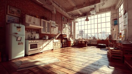 Rustic kitchen interior with natural light floods the hardwood floor, and exposed brick walls