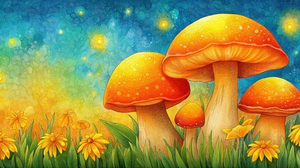 Vibrant Orange Mushrooms and Dandelions Under a Starry Night Sky