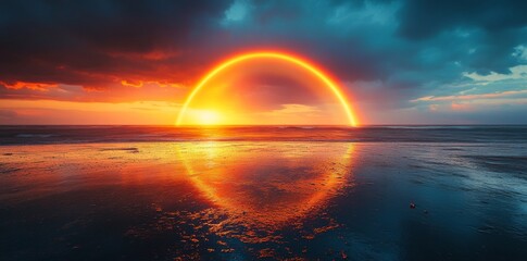 Sunset Reflection Over Ocean Beach Nature Photography Serene Wide Angle Natural Beauty