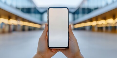 technology for albinismawareness, hands hold a smartphone with an albinism awareness app, blurred community center in the background in close-up shot