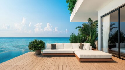 Fototapeta premium Modern Oceanfront Patio with Cozy Lounge Furniture and View
