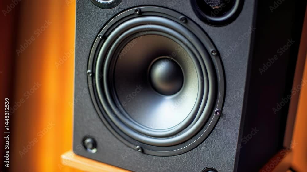 Poster a close-up view of a speaker on a wooden surface, ideal for use in presentations or music-related co