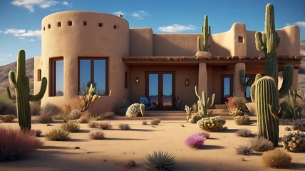 Southwestern adobe style house with cactus in desert landscape under a clear blue sky day time