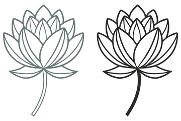 Two minimalist lotus flowers are shown, one grey and one black, on a white background