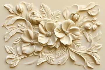 Ornate, decorative floral bas-relief design in cream tones.