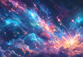 Fototapeta premium a vibrant and ethereal cosmic explosion of blues, purples, and oranges cascades across a star-filled nebula with swirling cloud formations.