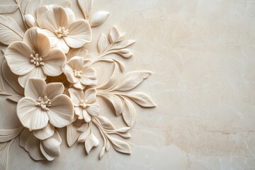 Ornate floral relief carving on light beige stone.