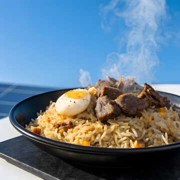 An egg and  beef birani with black plate isolated sky background