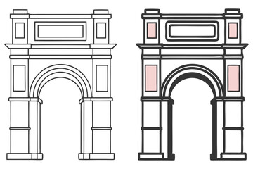 Two archway monuments exhibit line art with light pink detail on a transparent background