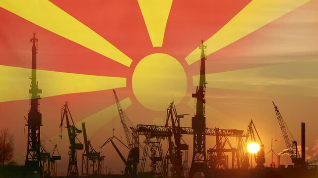 Industrial concept with Macedonia flag at sunset