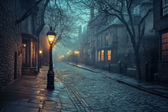 Fototapeta Cobblestone streets of Victorian London come alive with fog and the warm glow of gaslights