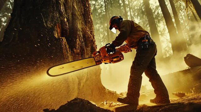 Lumberjack cuts giant tree with chainsaw as golden sunlight filters through dense forest.

