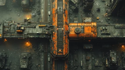 Canvas schilderij Kaki Aerial View of a Futuristic Industrial Complex: A Crossroad of Rusty Orange Machinery and Dark, Gritty Terrain  © Muamanah