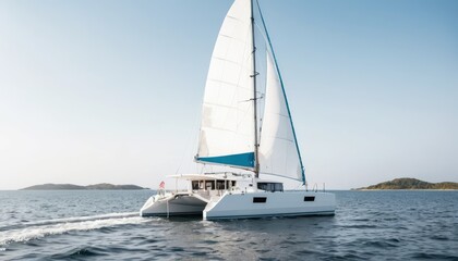 A white sailboat and a sleek yacht sail gracefully on the vast ocean under the summer sky, while another sailboat enjoys a peaceful cruise on the calm sea.