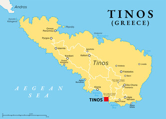 Obraz premium Tinos, Greek island in the Aegean Sea, political map. Part of the Cyclades archipelago, south of Andros. A major pilgrimage site for Greek Orthodox Christians. The capital and largest town is Tinos.
