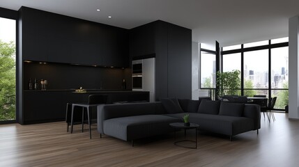 Modern, Dark, and Spacious Apartment Interior