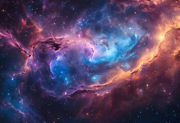 Fototapeta premium a vibrant and swirling nebula of cosmic dust and gas illuminated by brilliant starlight creates a breathtaking display of color and texture in the vastness of space.