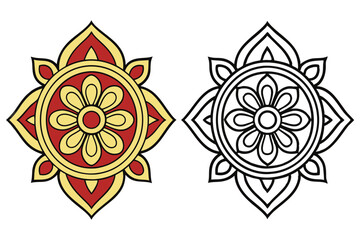 Floral element shown in art and a line art version on white