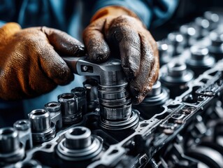 Mechanic using specialized tools to adjust engine valve clearances - hands fix valve industry machinery