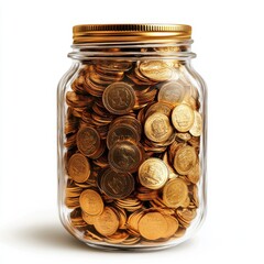 A clear glass jar filled to the brim with shiny golden coins, reflecting light with a warm glow.