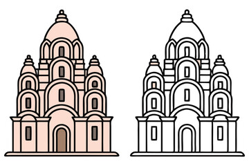 An isolated outlines a traditional domed temple with a colored version showing, transparent background