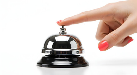 Female Finger Pressing a Shiny Service Bell with Chrome Finish on a White Background