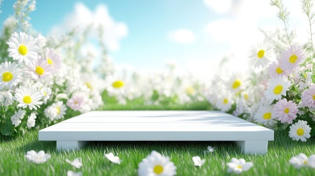 Empty white platform in a flower field