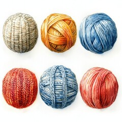 Fototapeta premium Set of Colorful Yarn Balls, Watercolor Style Isolate on White Background