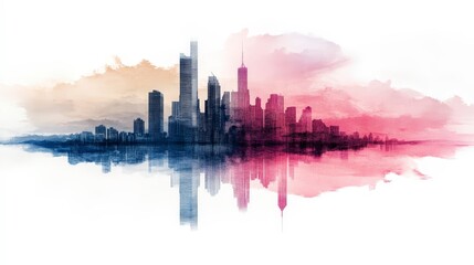 Fototapeta premium Watercolor Cityscape Reflection Pink and Blue Hues