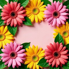 Set of fresh gerbera daisies with green leaves, daisy, gerbera, white background