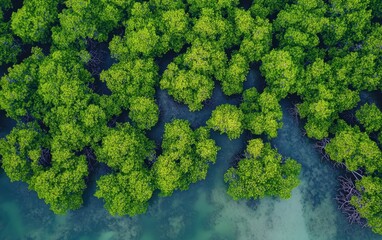 Naklejka premium Lush mangrove forest canopy, aerial view. A dense, vibrant green mangrove forest, seen from above, with waterways and clear water beneath. Healthy, thriving ecosystem