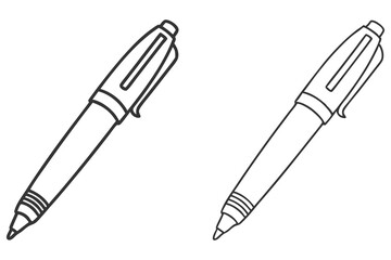 Two black outline fountain pens with caps sit diagonally against the white background