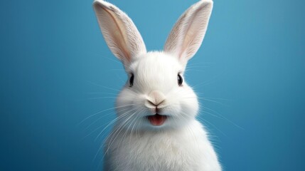 Fototapeta premium Adorable rabbit showcasing a cheerful expression on a bright blue canvas.