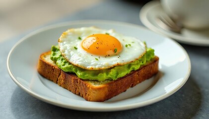 Toasted sourdough, smashed avocado, fried egg, color, breakfast ideas, light