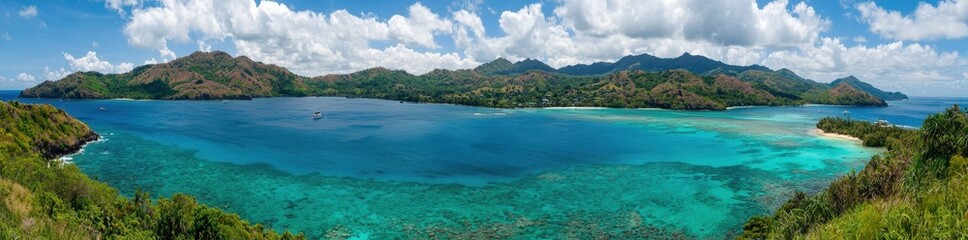 Serene Coastal Landscape with Vibrant Waters and Lush Green Hills