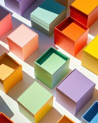 Obraz premium Colorful array of pastel and vibrant gift boxes arranged beautifully, casting shadows on a bright surface.