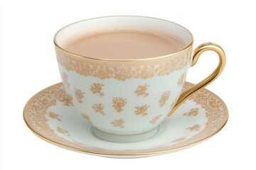 Fototapeta premium Elegant porcelain teacup filled with creamy tea on saucer intricate gold floral pattern refined aesthetic delicate beverage traditional drink white background studio shot