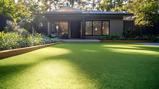 Modern Backyard with Lush Artificial Grass and Landscaping

