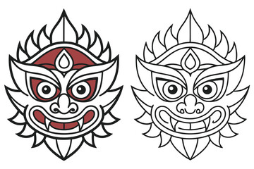 Bold twofaced demon mask One colorful, the other monochrome, both on transparent background