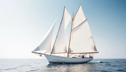 Fototapeta premium A white sailboat glides across the vast ocean under a painted sunset sky