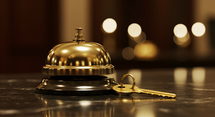Golden Reception Bell and Keys on Marble Counter with Bokeh Background in Hotel Setting