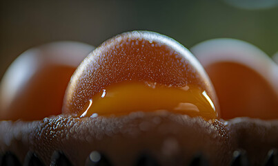 Close-up of a raw egg yolk with a textured surface, surrounded by egg whites, in a carton.  The image is detailed and shows a rich, golden color.