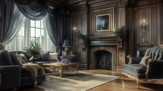 Elegant Living Room with Dark Wood Paneling and Classic Furniture

