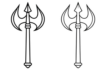 Two battle axes stand side by side with their sharp blades outlined in black