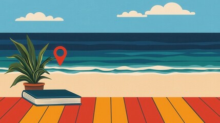 Obraz premium Serene Beach Scene with Plant, Book, and Location Pin on Sand