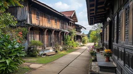 Scenic village architecture southeast asia travel photography lush environment eye-level view cultural heritage