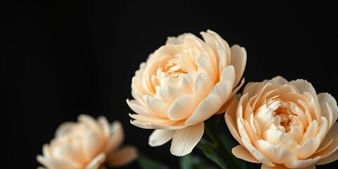 Soft beige peonies, blurred dark background, selective focus Minimalist holiday card, muted tones, winter