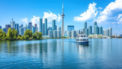 Obraz premium Panoramic city view on a sunny day. Large urban skyline reflected on calm water