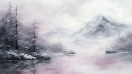 Naklejka premium Misty winter landscape of a serene lake and mountains.